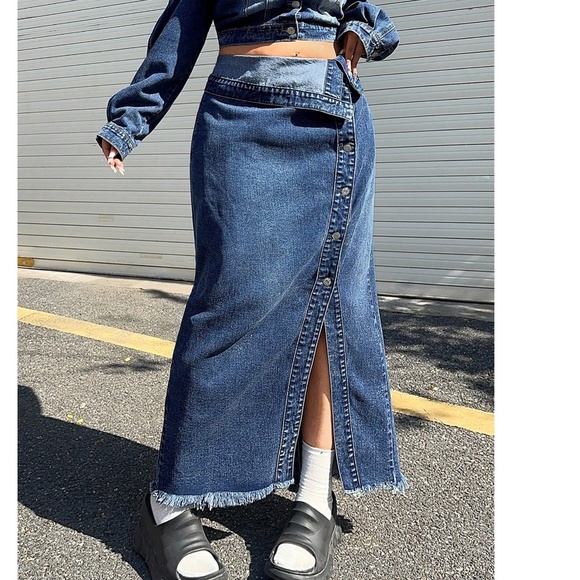 Plus Dark Wash High Waisted Button Denim Jean Maxi Skirt - Picture 1 of 5